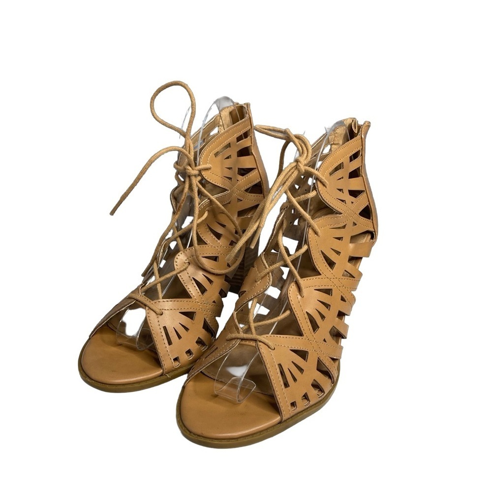 Report Ridley women laser cutout gladiator block heel lacy sandal zip back 8.5